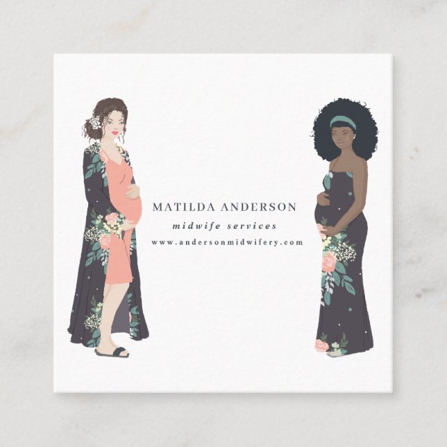 Illustrated colorful + floral midwife square business card (Front)