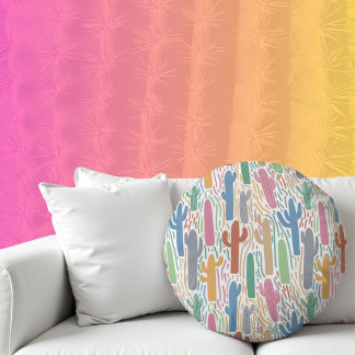 Illustrated Colorful Saguaro Cactus Pattern Round Pillow