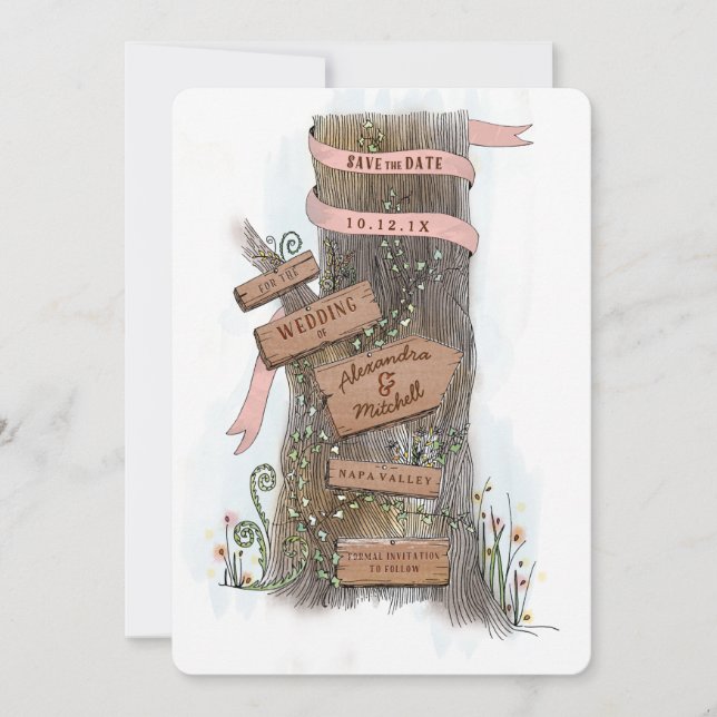 Illustrated Country Tree Trunk Save the Date (Front)