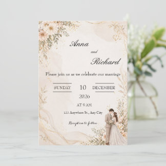 Illustrated Couple & Light Pink Florals Invitation