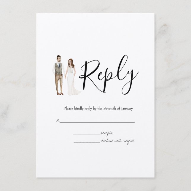 Illustrated Couple RSVP Wedding Enclosure Card (Front)