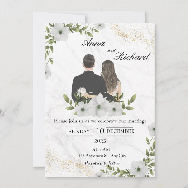 Illustrated Couple & White Florals Invitation (Front)