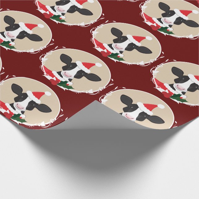 Illustrated Cow Santa Hat Novelty Christmas Wrapping Paper (Corner)
