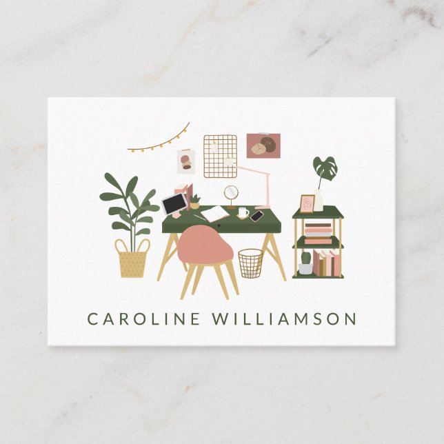 Illustrated Cozy Home Office Scene Custom Unique  Business Card (Front)
