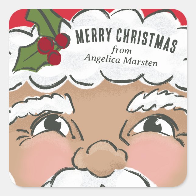 Illustrated Cute Santa Face Holiday Square Sticker (Front)