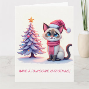 Illustrated Cute Siamese Cat and Christmas Tree Card