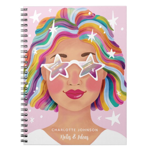 Illustrated Cute Woman Girl Rainbow Personalized Notebook (Front)
