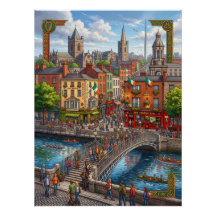 Illustrated Dublin Cityscape & Ha'penny Bridge Pre
