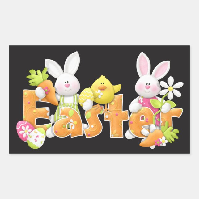Illustrated Easter Bunnies and chick Rectangular Sticker (Front)