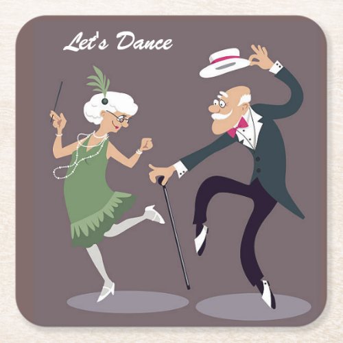 Illustrated Elder Couple Dancing Square Paper Coaster