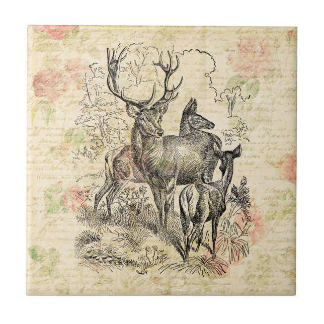 Illustrated Family of Deer Pretty Floral Script Ceramic Tile (Front)