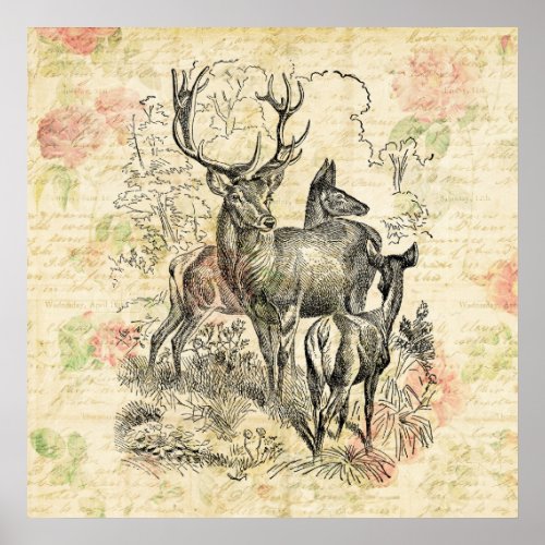 Illustrated Family of Deer Pretty Floral Script Poster