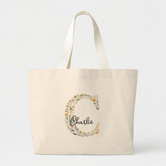 Illustrated Floral Initial and Name Tote Bag