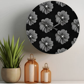 "Illustrated Flower in Black Grey Pattern" Large Clock