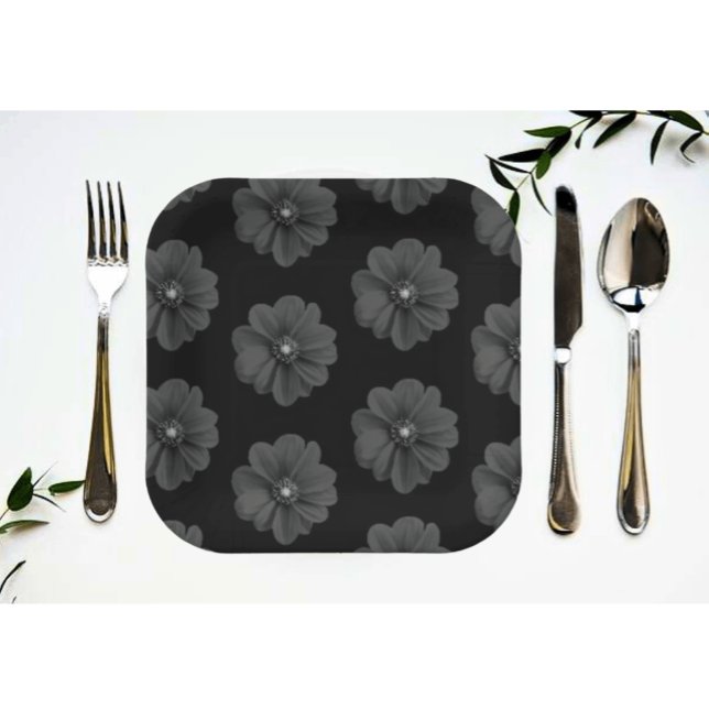 "Illustrated Flower in Black Grey Pattern" Paper Plates (Creator Uploaded)
