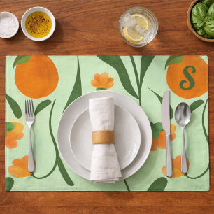 Illustrated Flowers And Peaches On Mint Green  Cloth Placemat