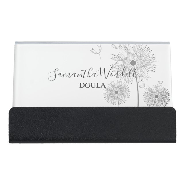 Illustrated Flowers Soft Gray Script Typography Desk Business Card Holder (Front)