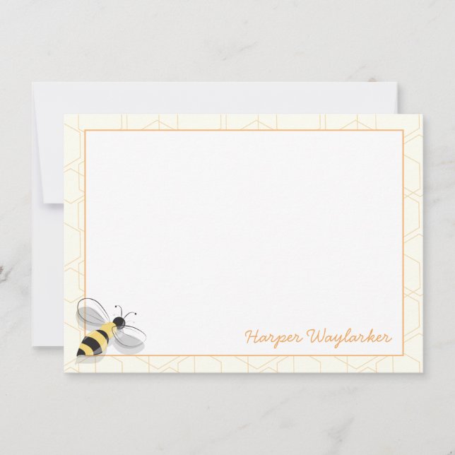 Illustrated Flying Bee Animal Bug Name Hexagon Note Card (Front)