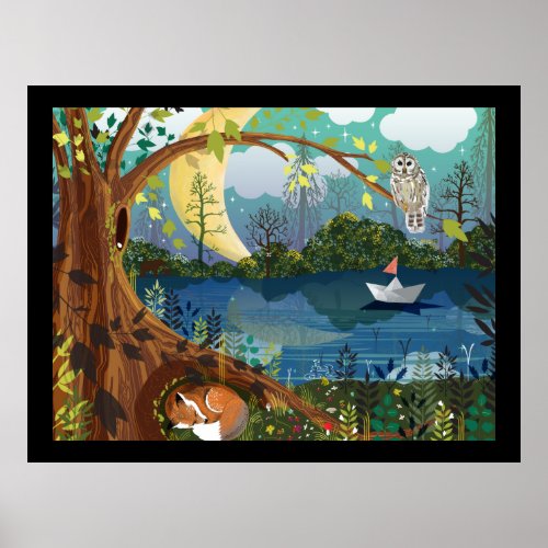 Illustrated Forest Woodland River Poster