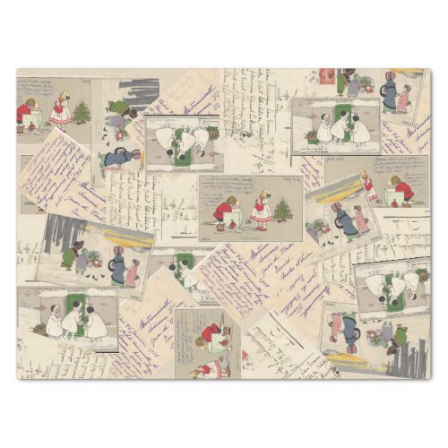 Illustrated French Postcards Christmas Children Tissue Paper