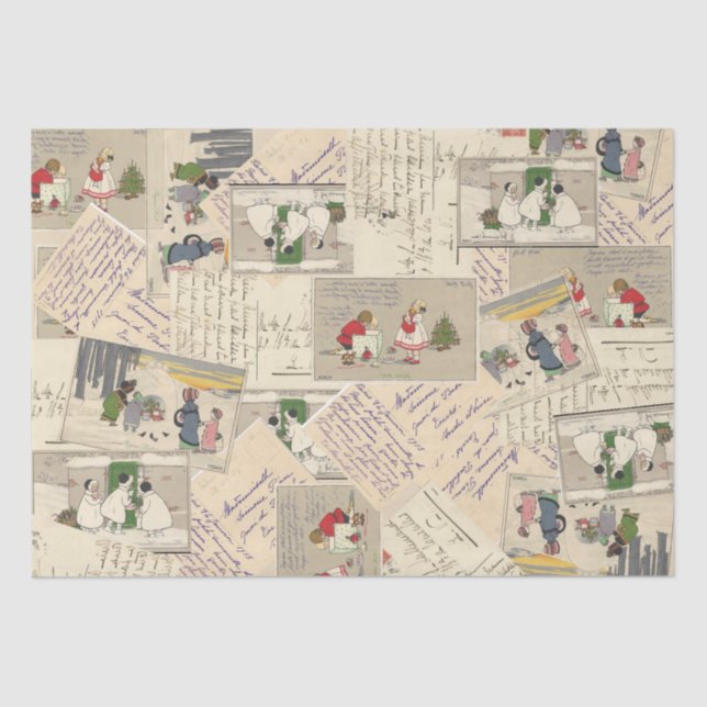 Illustrated French Postcards Christmas Children Tissue Paper (Front)
