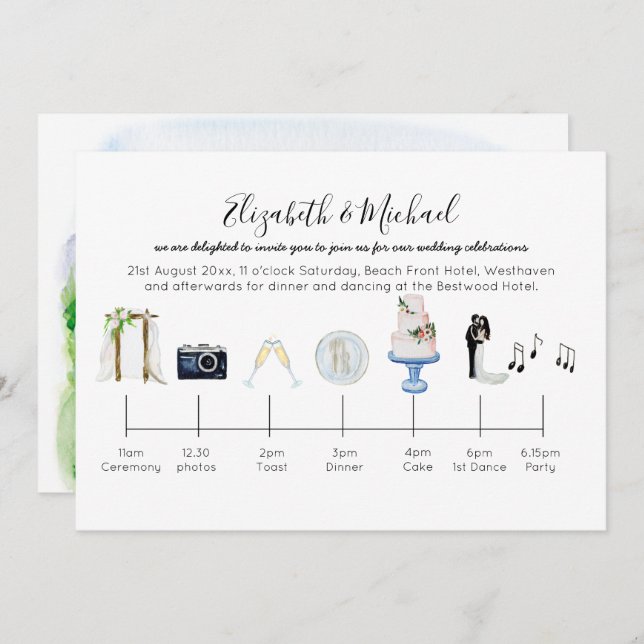 Illustrated Garden Wedding Timeline Invitation (Front/Back)