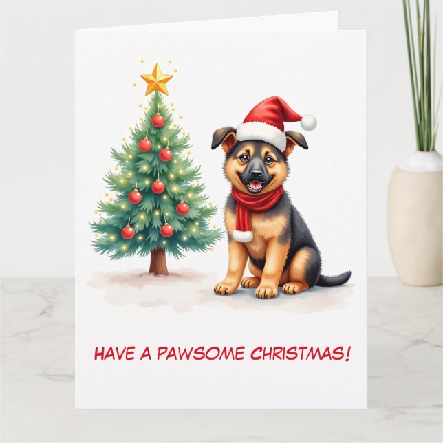 Illustrated German Shepherd and Christmas Tree Card (Front)