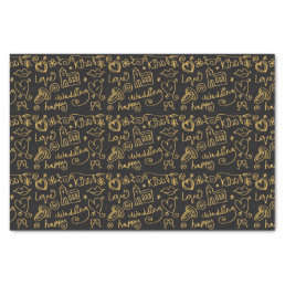Illustrated Gold and Black Wedding Doodles Tissue Paper