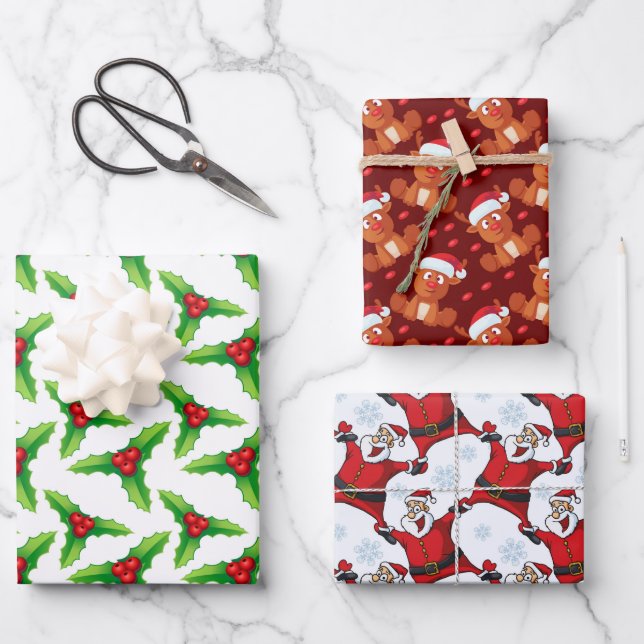 Illustrated green brown red Christmas motifs  Wrapping Paper Sheets (Front)