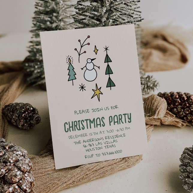 Illustrated Green Christmas Trees Snowman Party Invitation (Creator Uploaded)