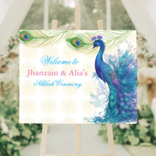 illustrated green floral peacock welcome foam board