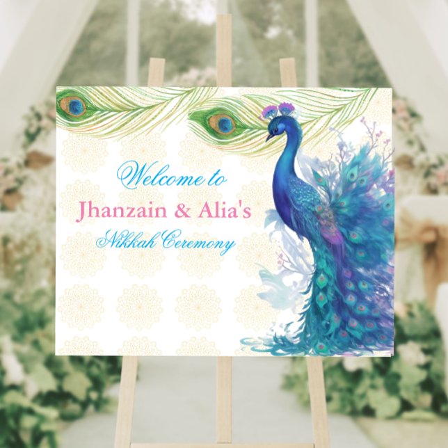 illustrated green floral peacock welcome foam foam board (Illustrated Peacock Muslim arabian wedding welcome board sign)