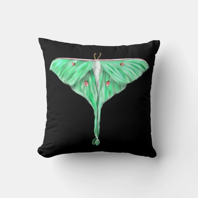 Illustrated Green Lunar Moth Throw Pillow (Front)
