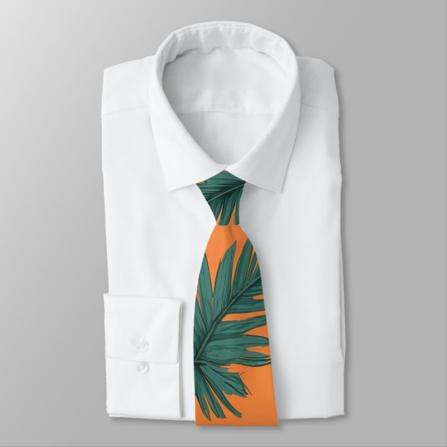 Illustrated Green & Orange Palm Tree Leaf Pattern Neck Tie (Tied)