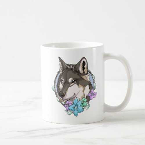 Illustrated Grey Wolf and Flowers Coffee Mug