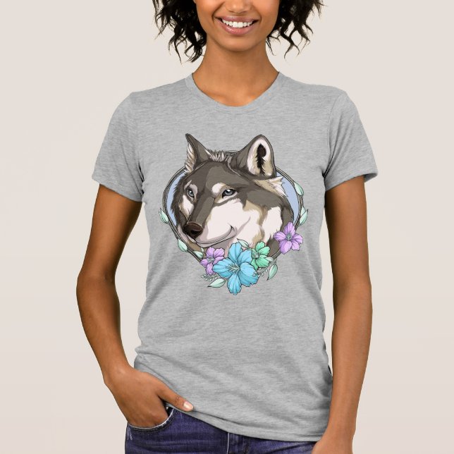 Illustrated Grey Wolf and Flowers T-Shirt (Front)