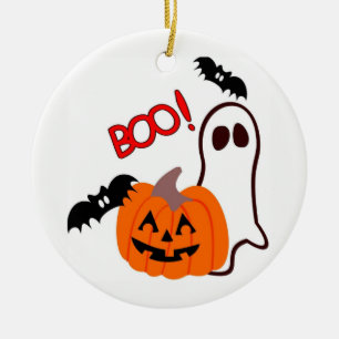 Illustrated Halloween Ghost and Pumpkin Ceramic Ornament