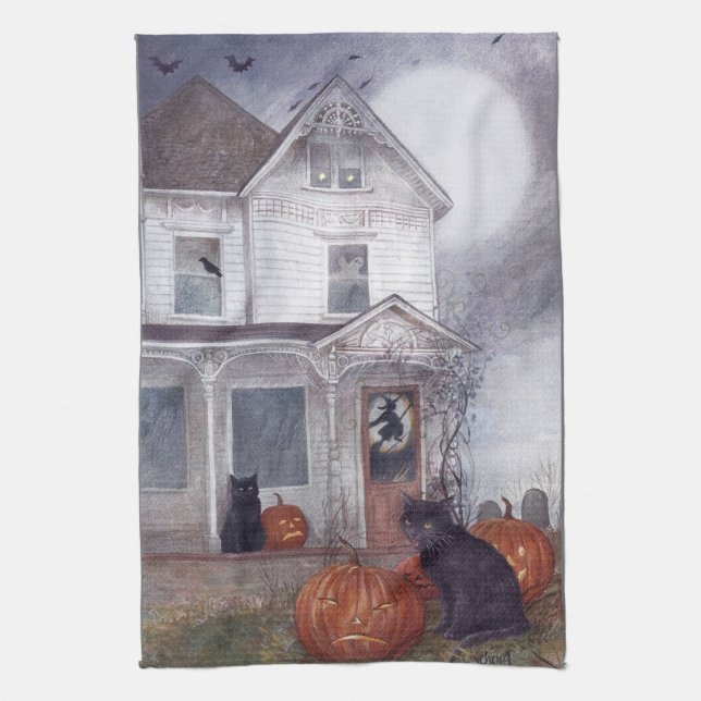 Illustrated Halloween Hauted House with Black Cat Kitchen Towel (Vertical)