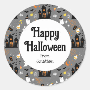 Illustrated Halloween Pattern with gray, black Classic Round Sticker
