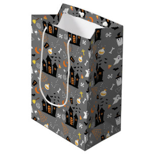 Illustrated Halloween Pattern with gray, black  Medium Gift Bag