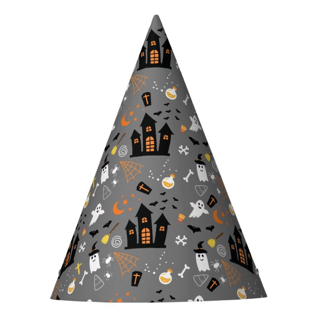 Illustrated Halloween Pattern with gray, black  Party Hat (Front)
