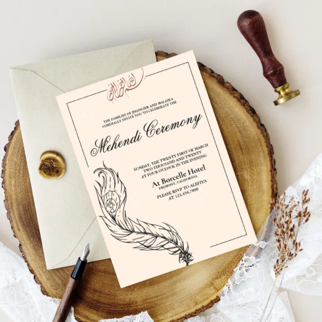 illustrated handdrawn peacock Arabian Mehndi  Invitation (Illsutrated handrawn peacock border mehndi invitation)