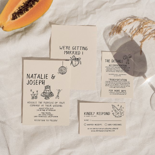 Illustrated Handwritten Cake Quirky Suite Wedding Invitation (Creator Uploaded)