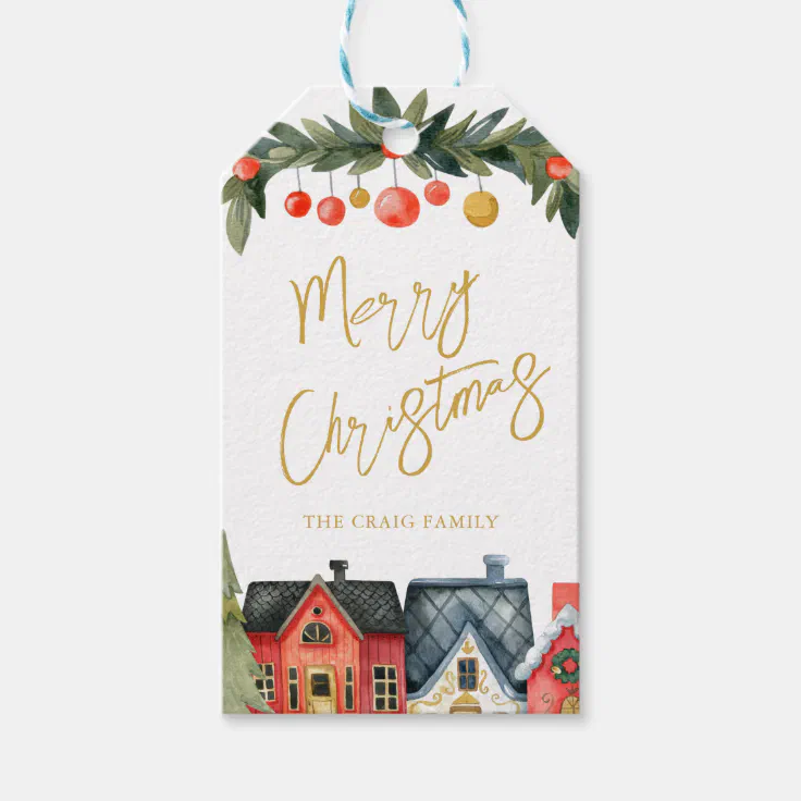 Illustrated Holiday House with Name Christmas Gift Tags
