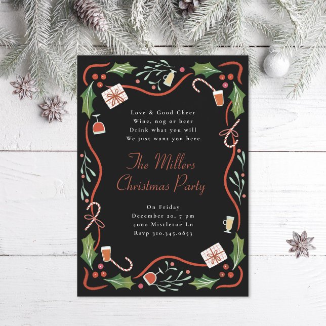 Illustrated Holly Christmas Frame Holiday Party Invitation (Creator Uploaded)