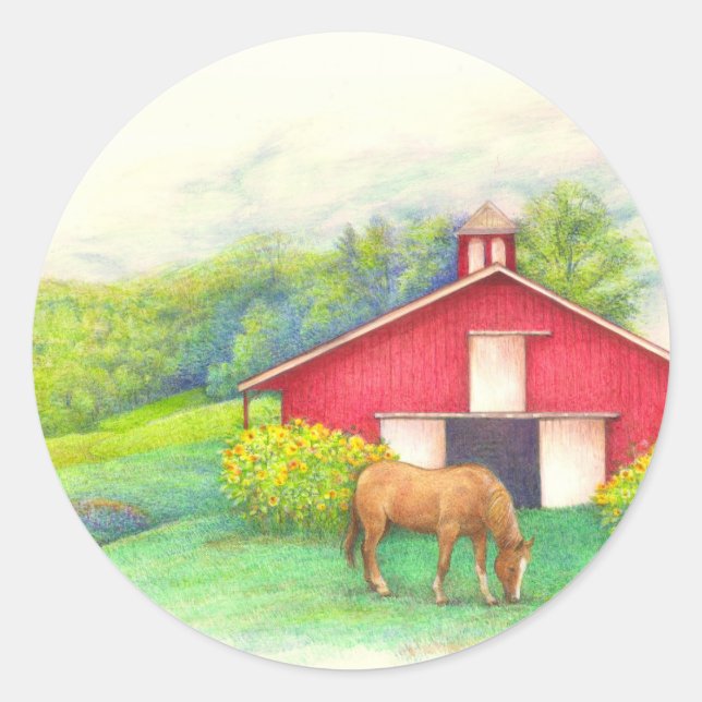 Illustrated Horse and Sunflower Custom Classic Round Sticker (Front)