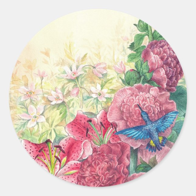 Illustrated hummingbird Fantasy Floral Classic Round Sticker (Front)