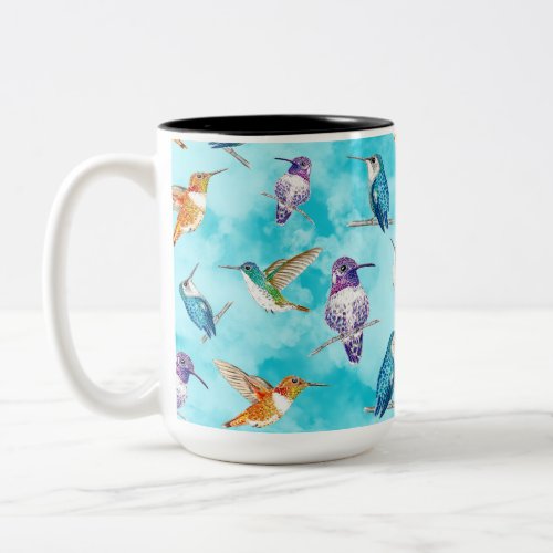 Illustrated Hummingbirds tossed on Aqua Clouds  Two_Tone Coffee Mug