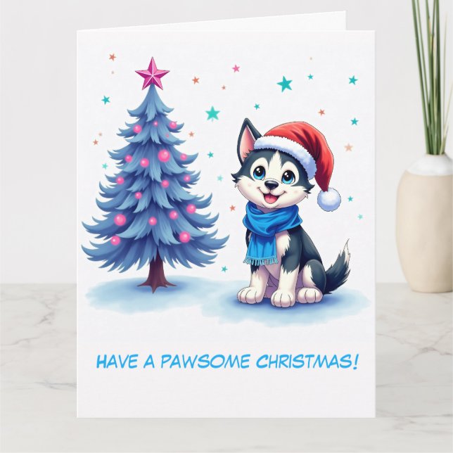 Illustrated Husky and Christmas Tree Card (Front)