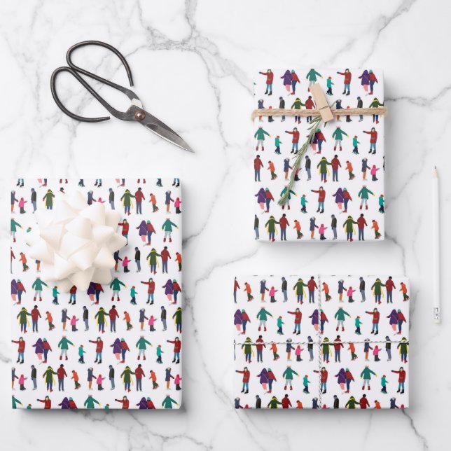 Illustrated Ice Skaters Winter Holiday Christmas Wrapping Paper Sheets (Front)